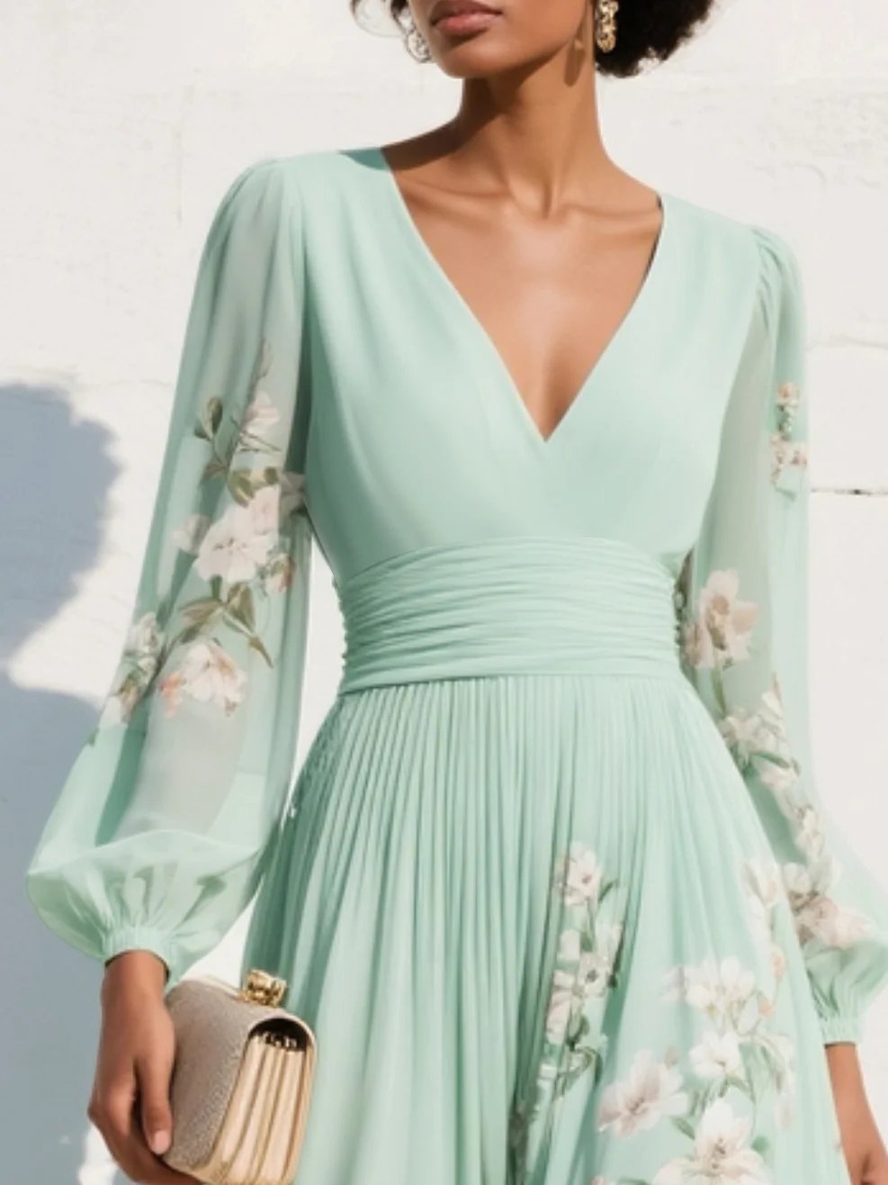 Floral Balloon-Sleeve Midi Dress