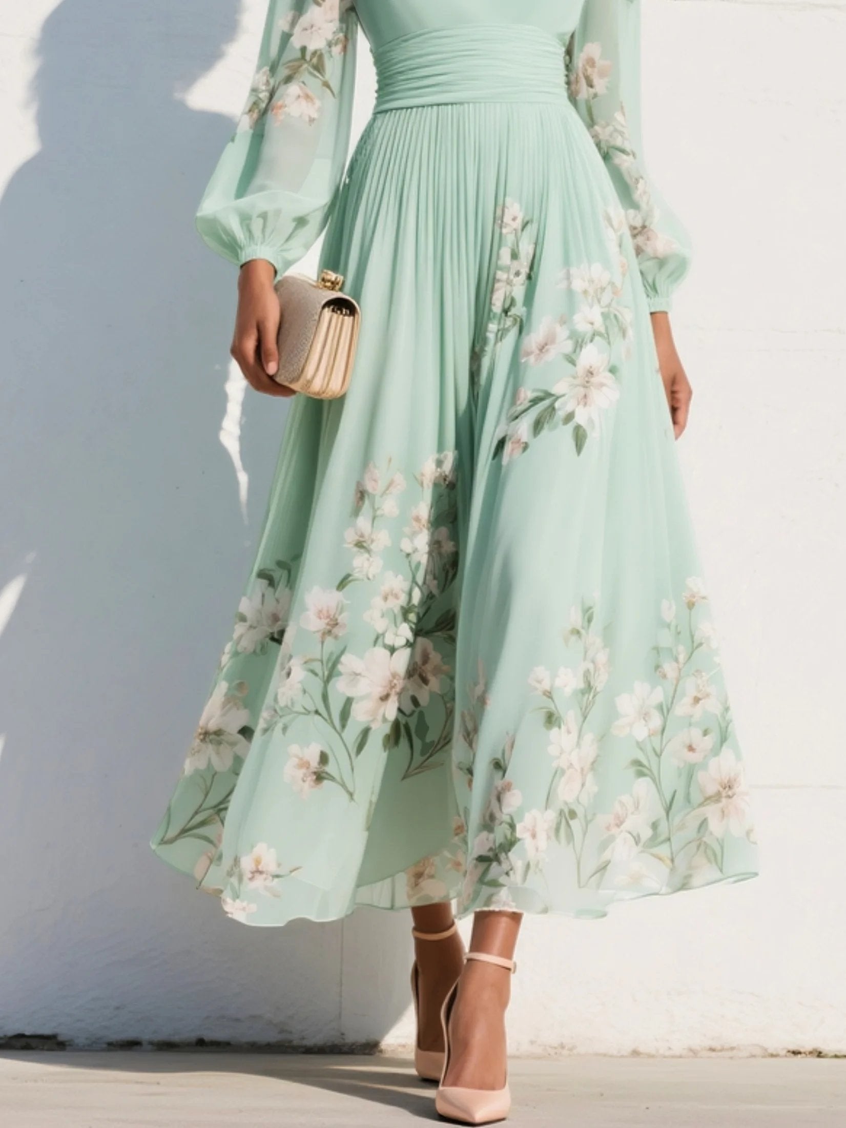 Floral Balloon-Sleeve Midi Dress