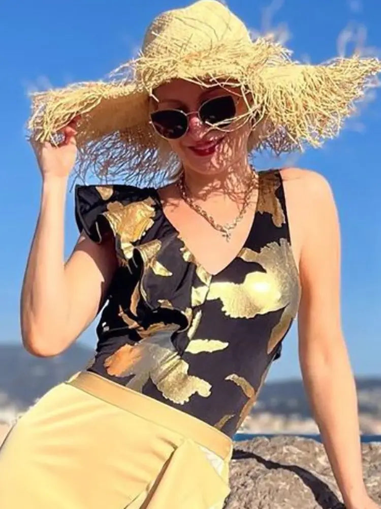 Women's foil print deep v ruffle swimsuit
