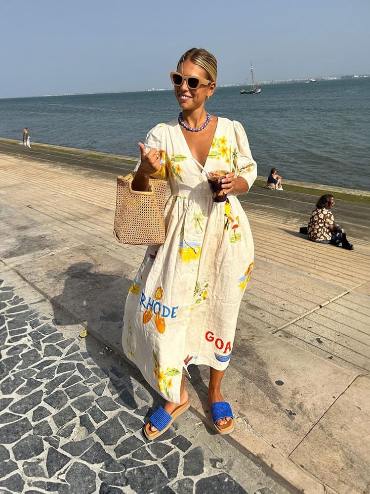 Women's folk floral print puff sleeve midi dress