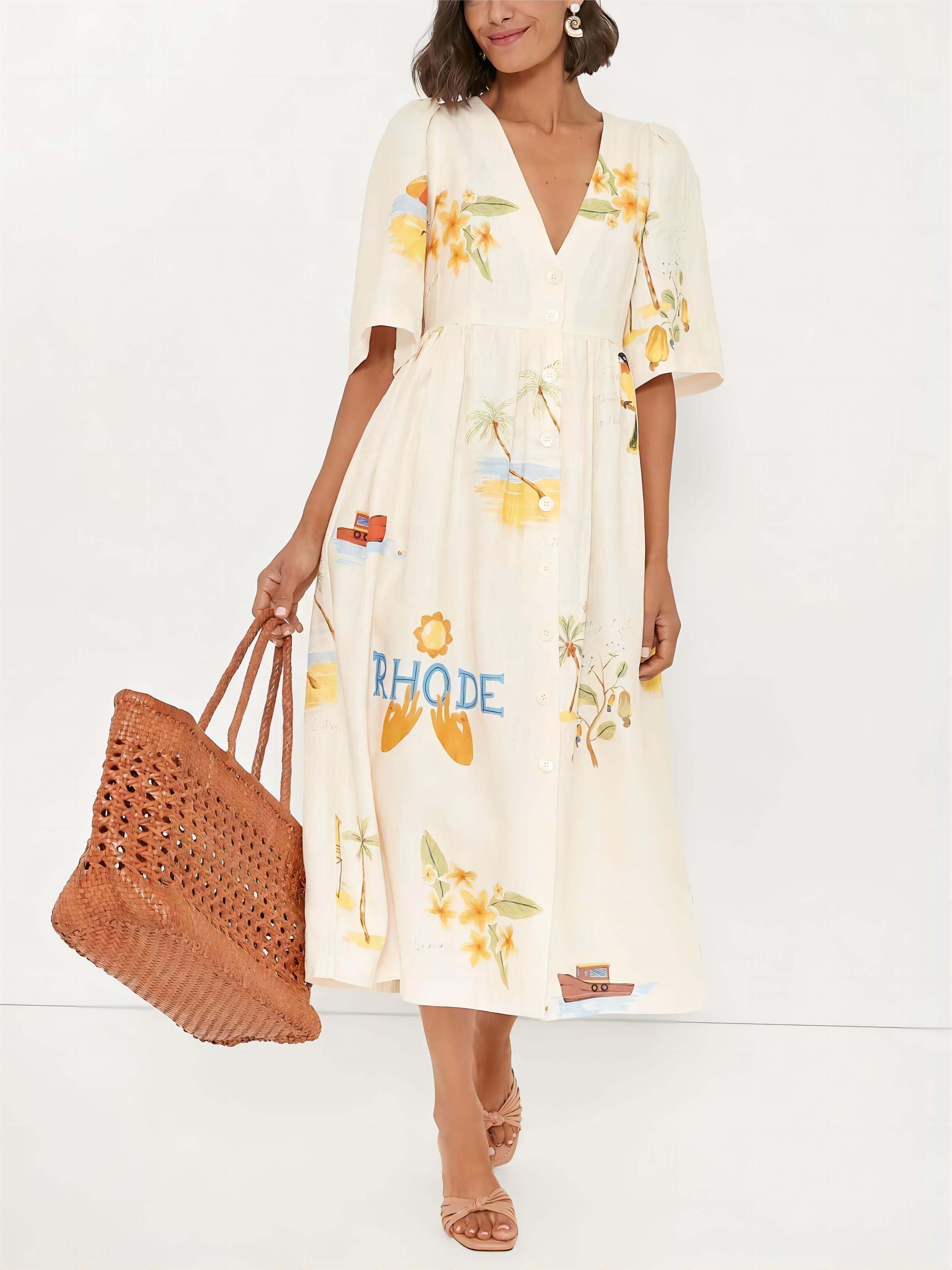Women's folk floral print puff sleeve midi dress
