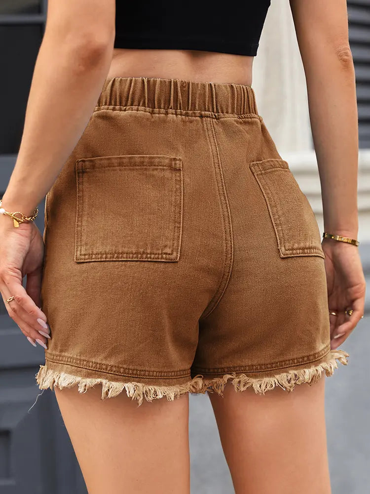 Women's frayed-hem drawstring denim shorts