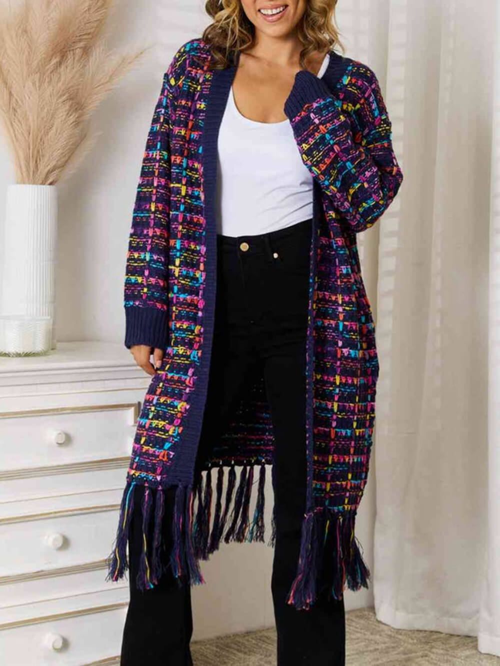 Women's fringe hem longline cardigan — fabric detail