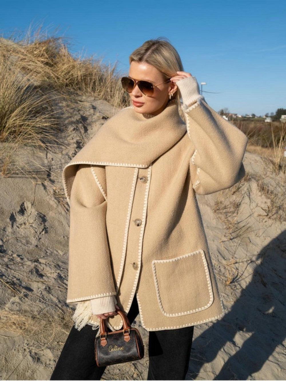 Women's draped fringed wrap jacket — full length view