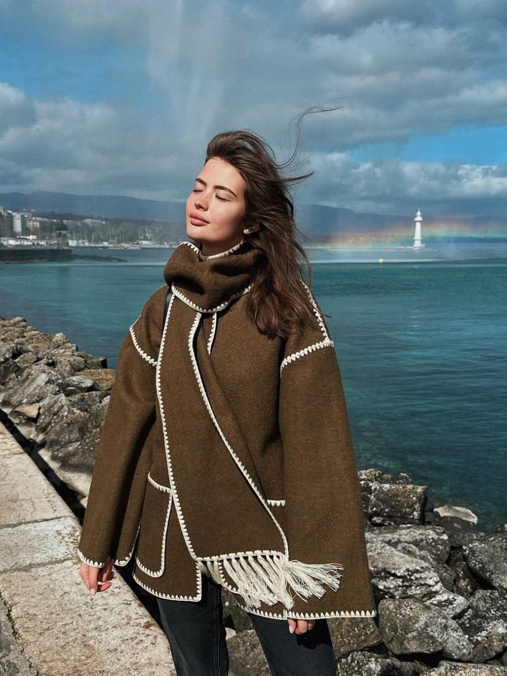Women's draped fringed wrap jacket — back view