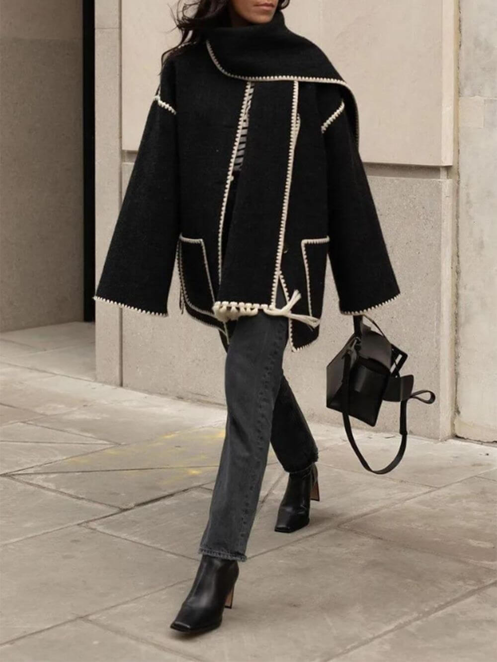 Women's draped fringed wrap jacket — styled full length