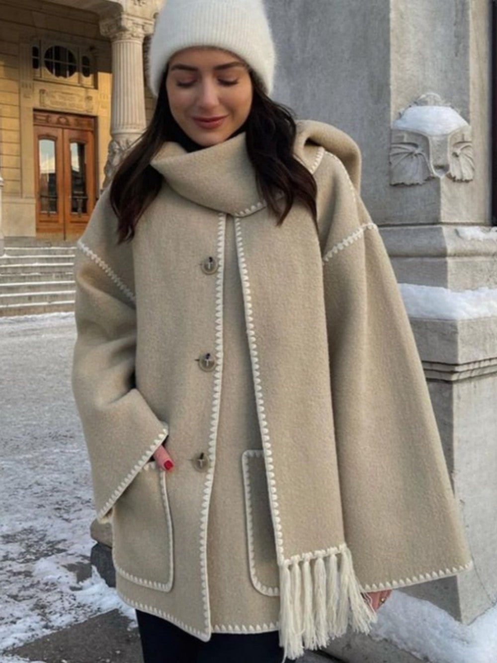 Women's draped fringed wrap jacket — scarf detail