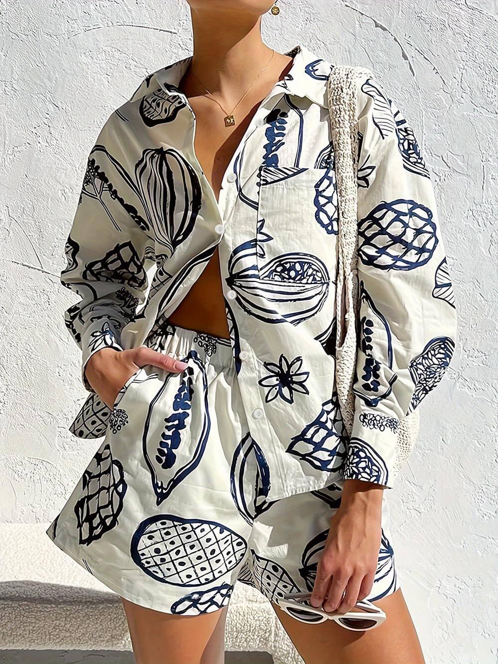 Women's white fruit print shirt and shorts set