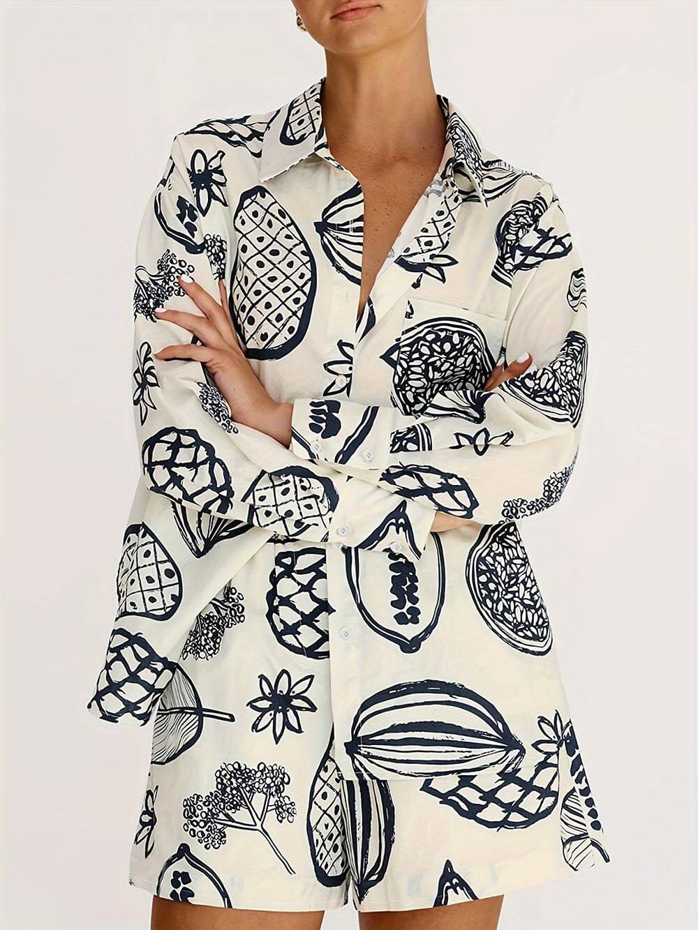 Women's white fruit print shirt and shorts set — alternate angle