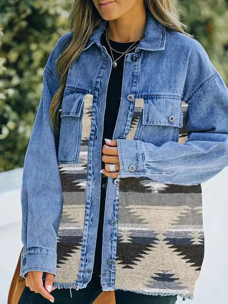 Women's geometric print denim patchwork wool coat