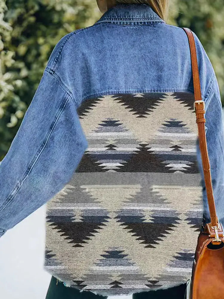 Women's geometric denim patchwork coat - front view