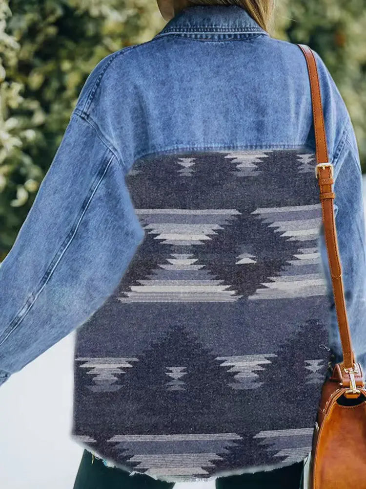 Women's geometric denim patchwork coat - collar detail
