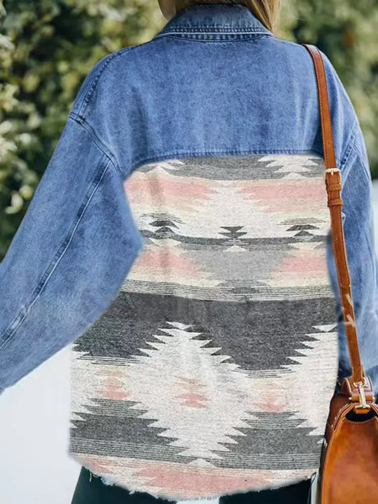 Women's geometric denim patchwork coat - back view