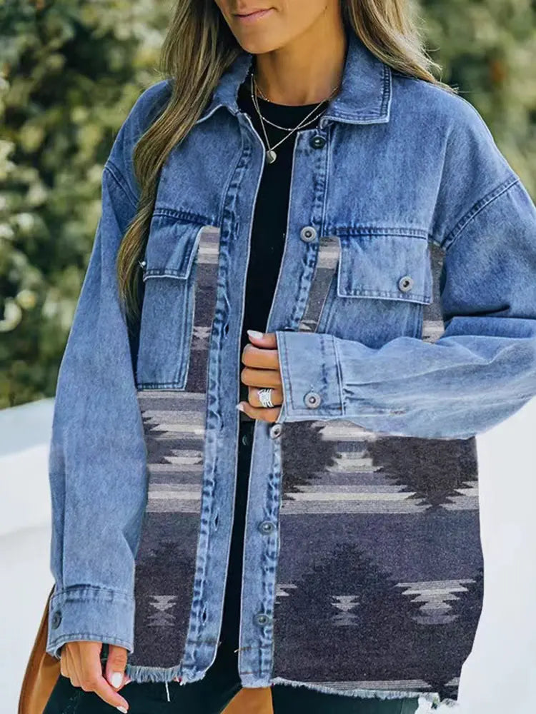 Women's geometric denim patchwork coat - styled full look