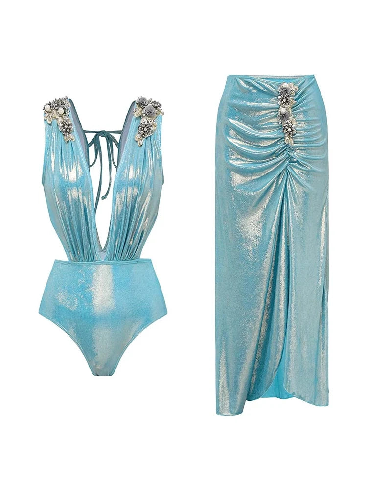 Women's glossy blue butterfly swimsuit — detail