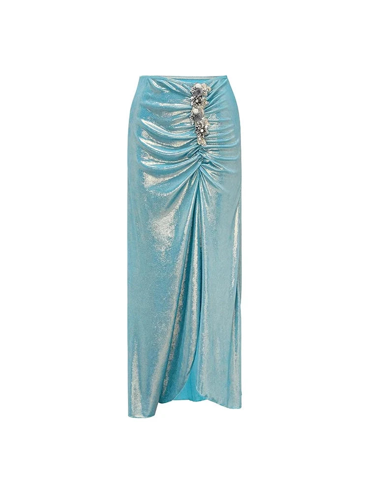 Women's glossy blue butterfly swimsuit — full length