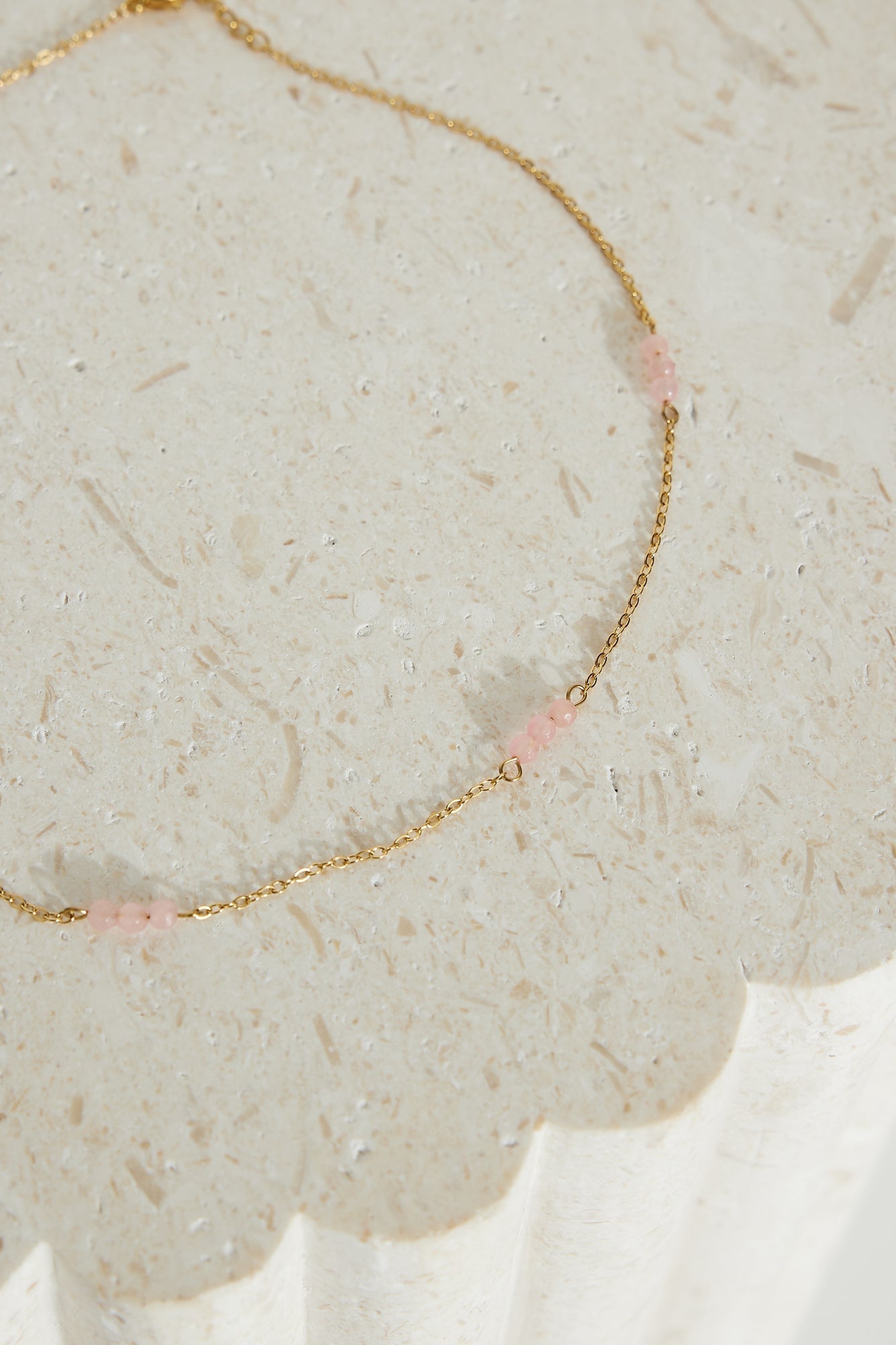 Women's gold chain pink bead necklace — alternate angle