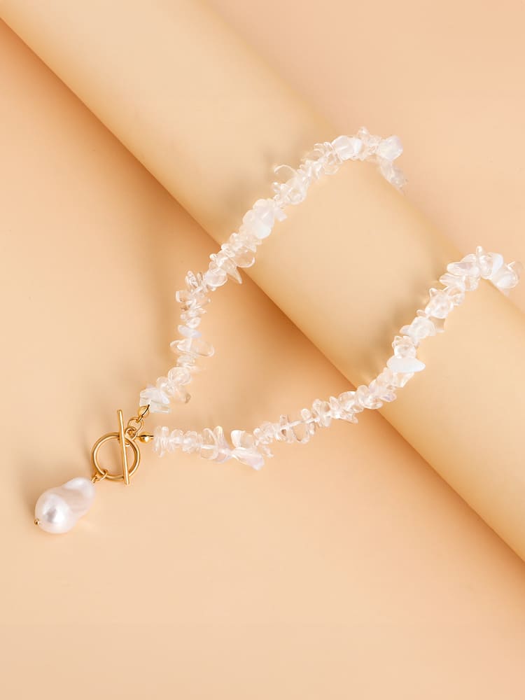 Women's gold coral chip and pearl necklace — alternate angle