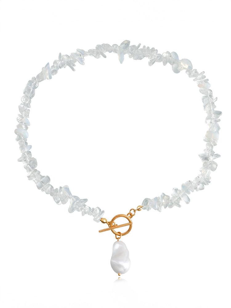 Women's gold coral chip and pearl necklace — full length