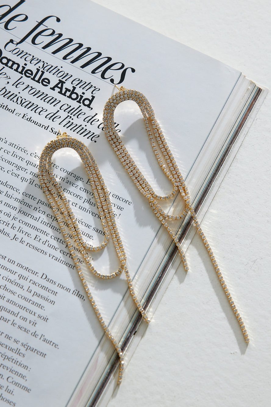 Women's gold diamante fringe earrings — alternate angle