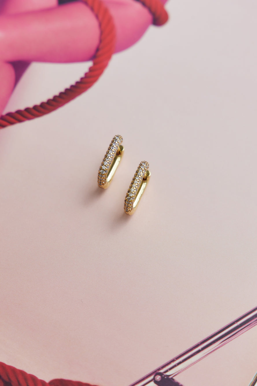 Women's gold diamante rectangle earrings — detail view