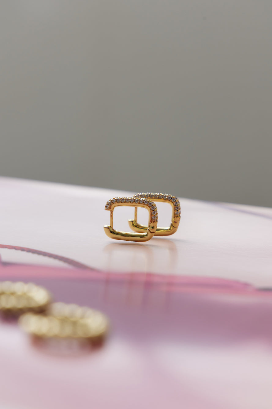 Women's gold diamante rectangle earrings — alternate angle