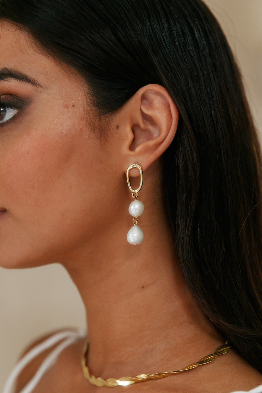 Women's gold double pearl drop earrings