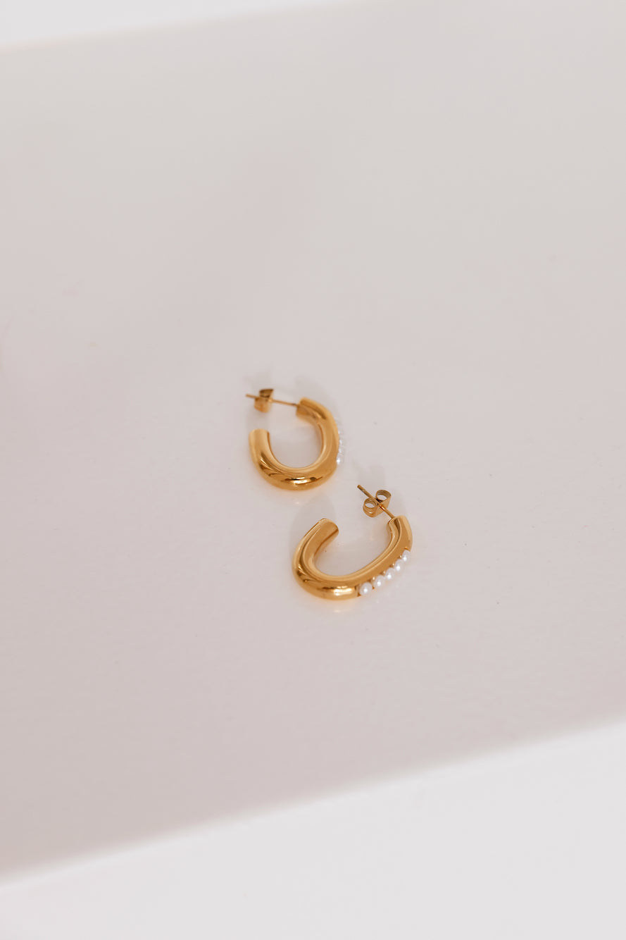 Women's gold faux pearl hoop earrings — alternate angle