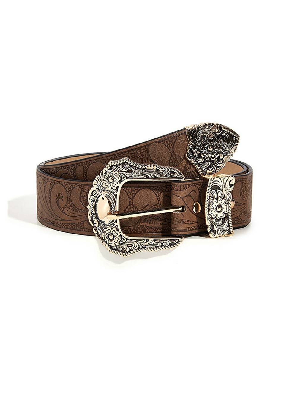 Women's gold floral tooled leather belt