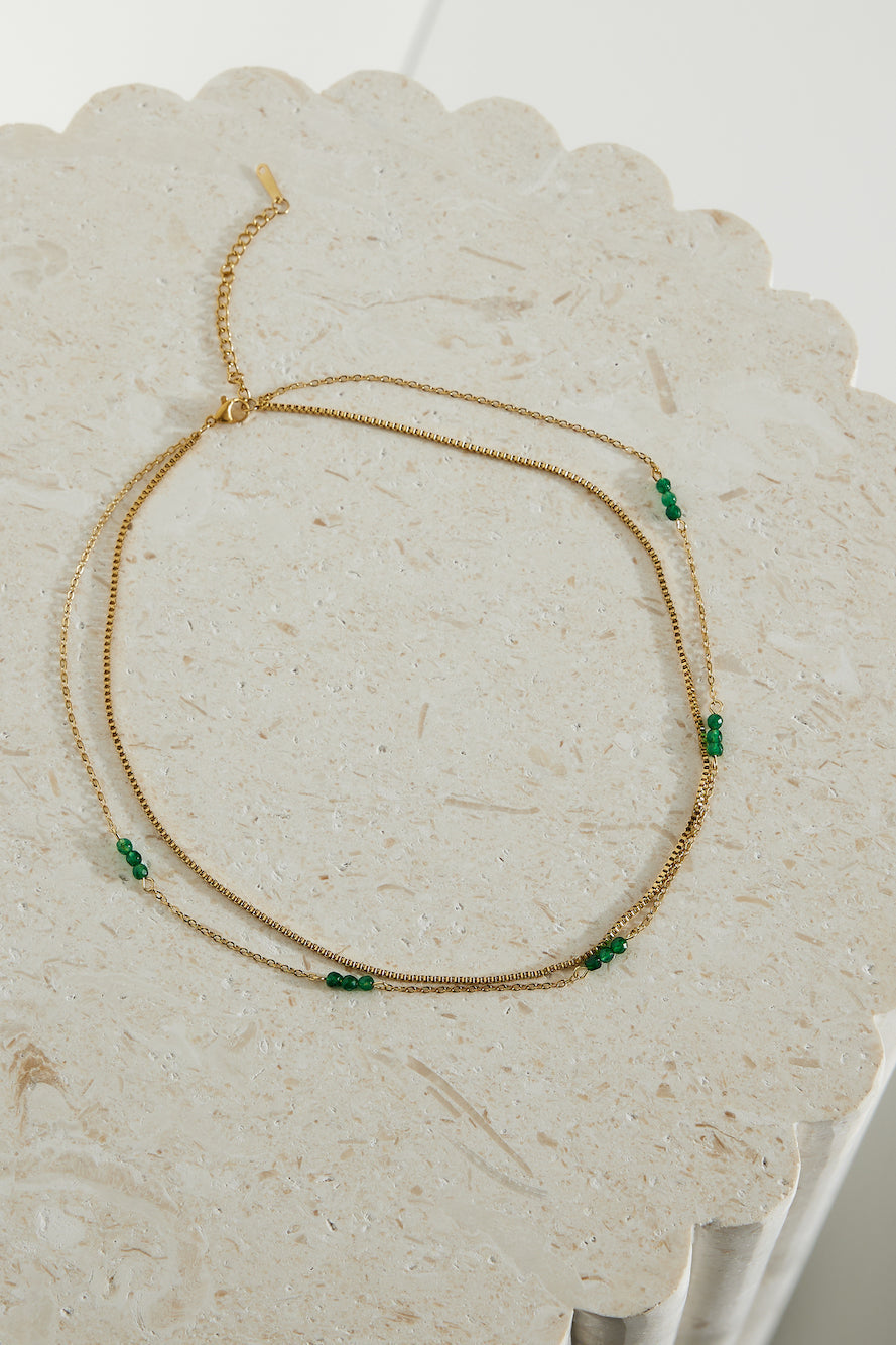 Women's gold green bead necklace