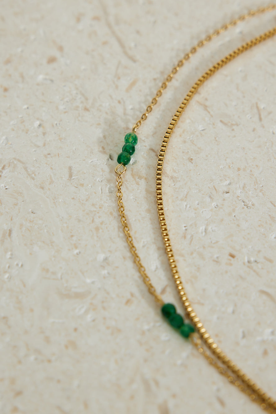Women's gold green bead necklace — alternate angle