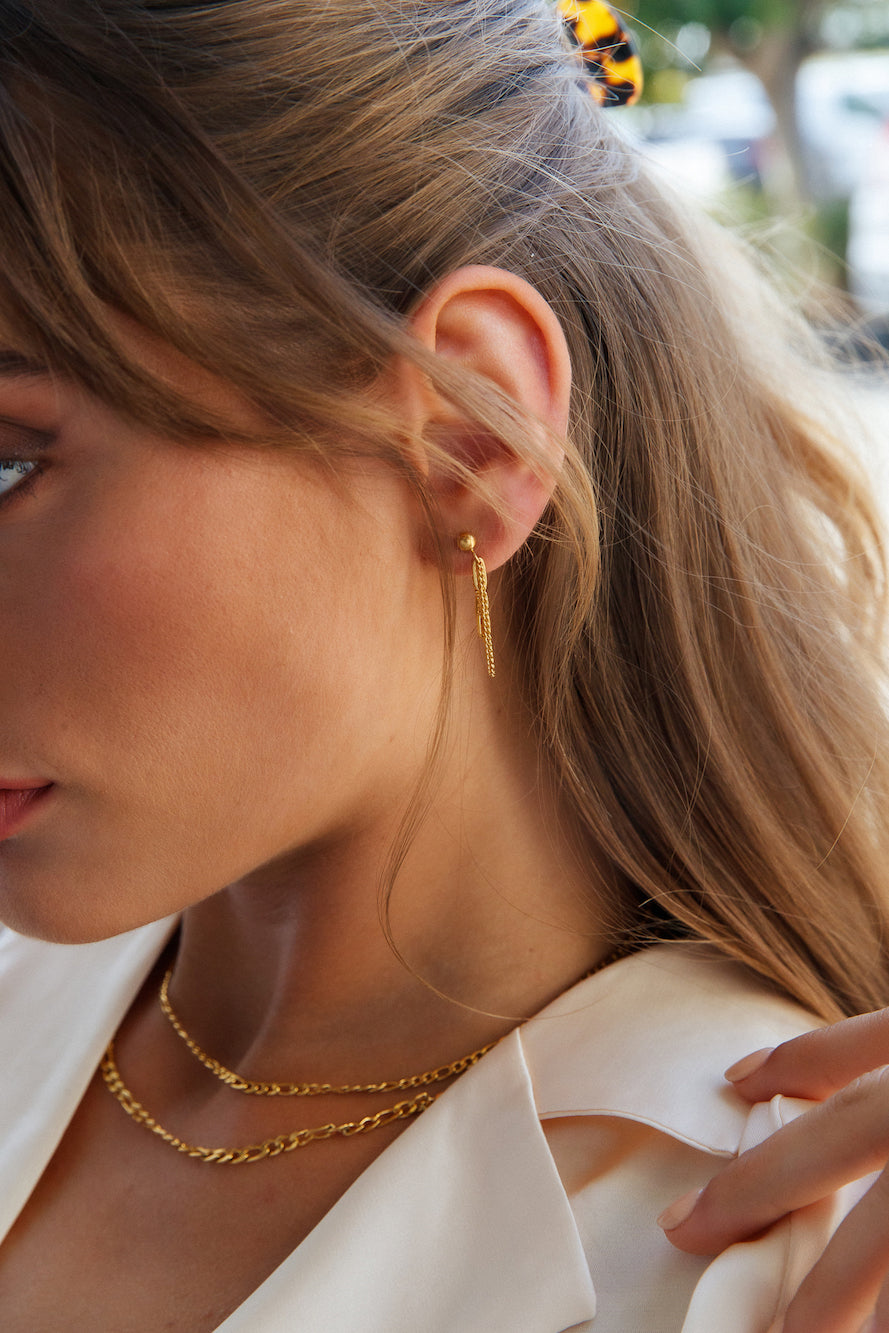 Women's gold layered chain drop earrings — alternate angle