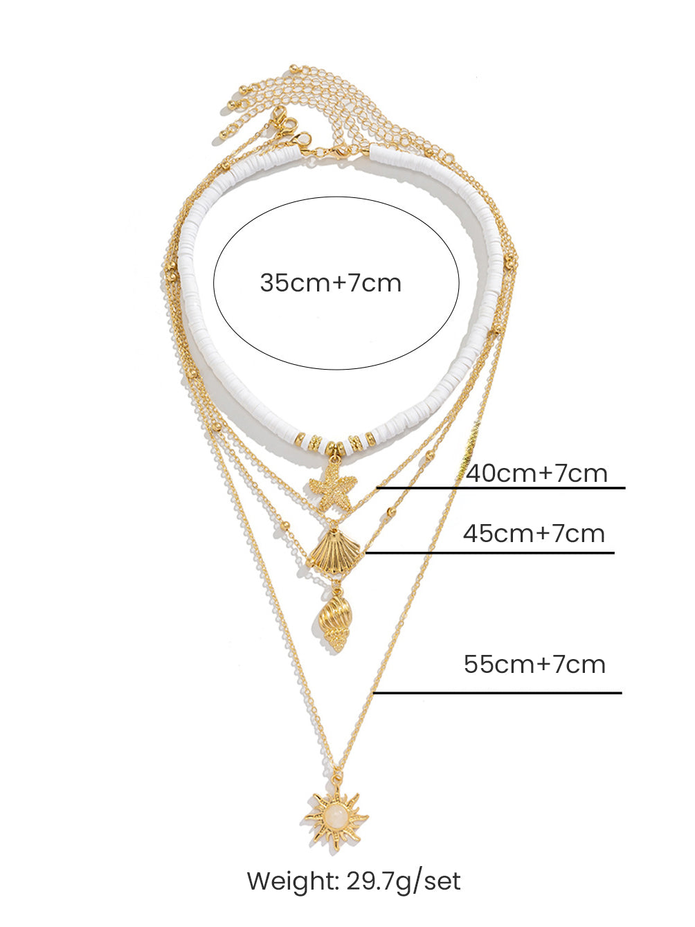 Women's gold layered shell and starfish necklace — close-up detail