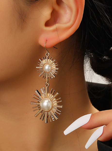 Women's gold sunburst pearl drop earrings