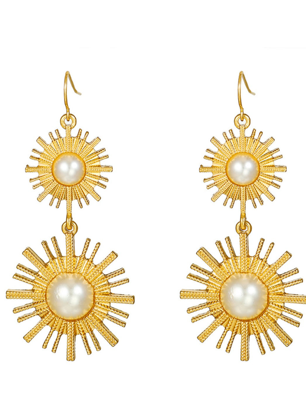 Women's gold sunburst pearl drop earrings — side detail
