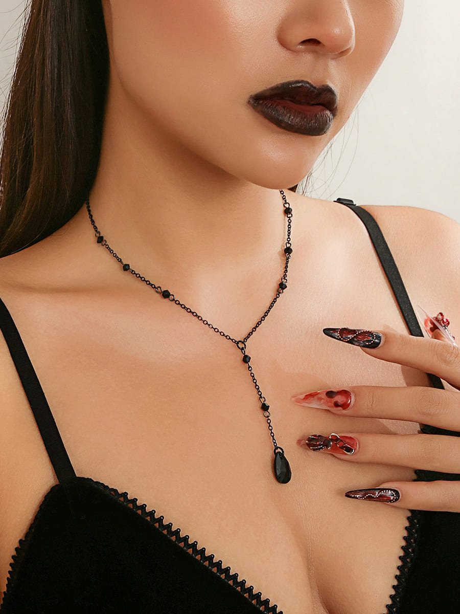 Women's black gothic teardrop crystal necklace