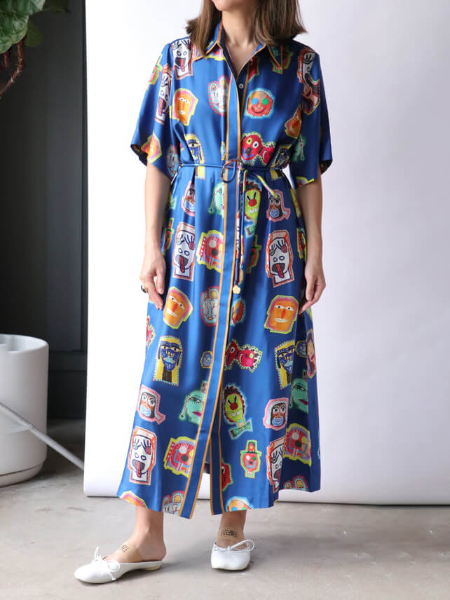 Women's blue graffiti print square neck midi dress