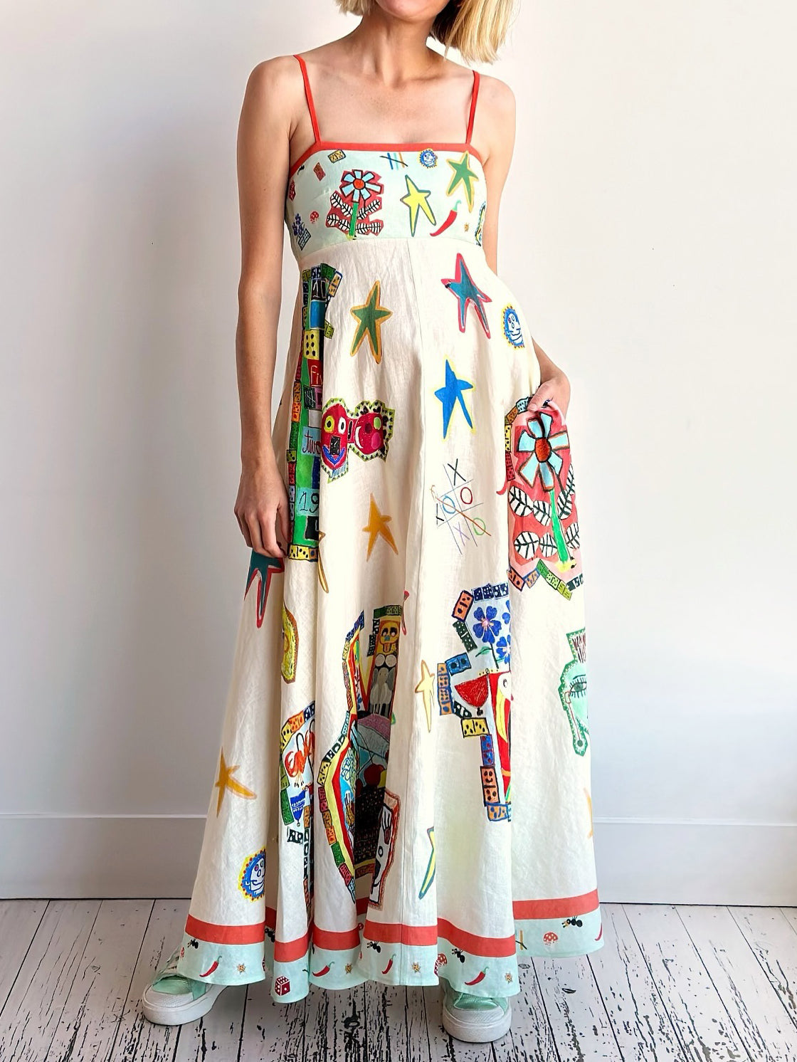 Women's white graffiti print suspender midi dress