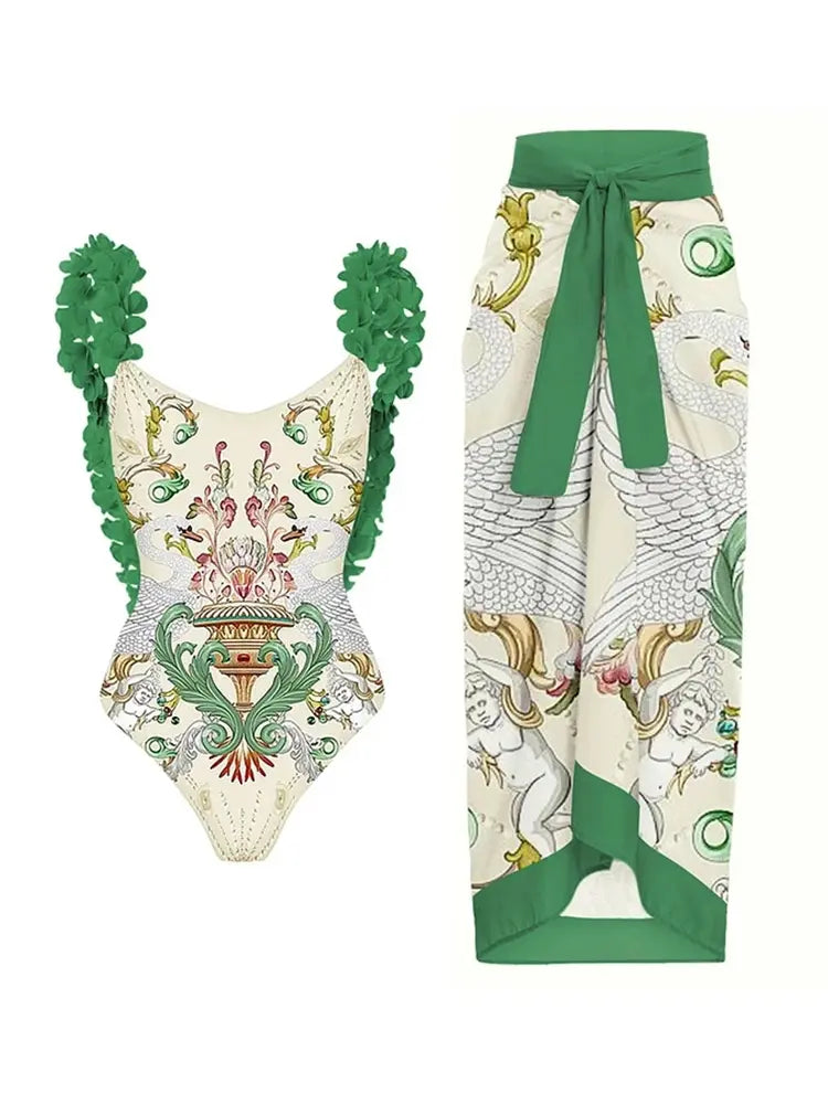 Women's green appliqué backless swimsuit — alternate angle