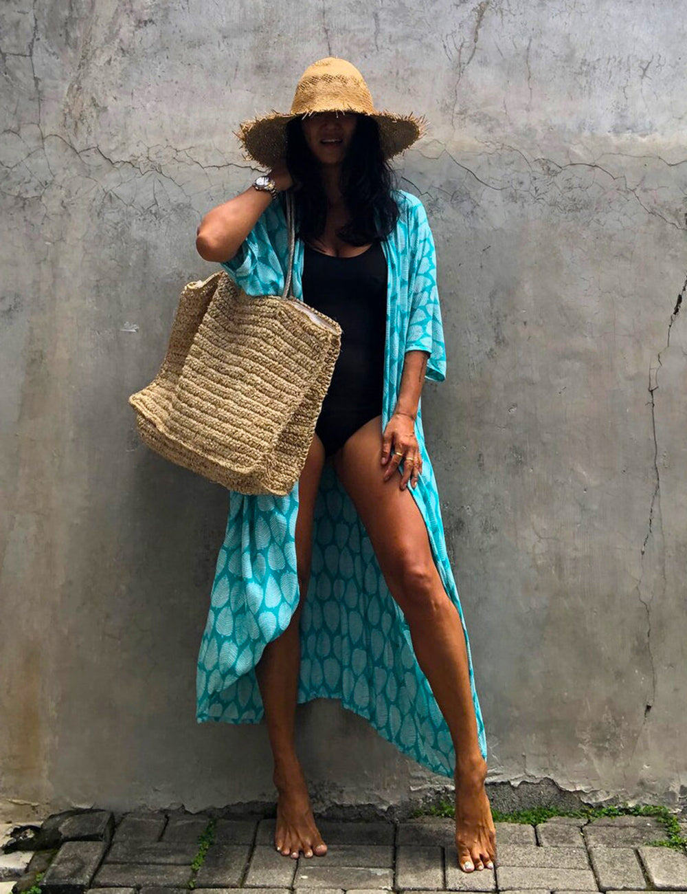Women's green boho print kimono cover-up - detail view