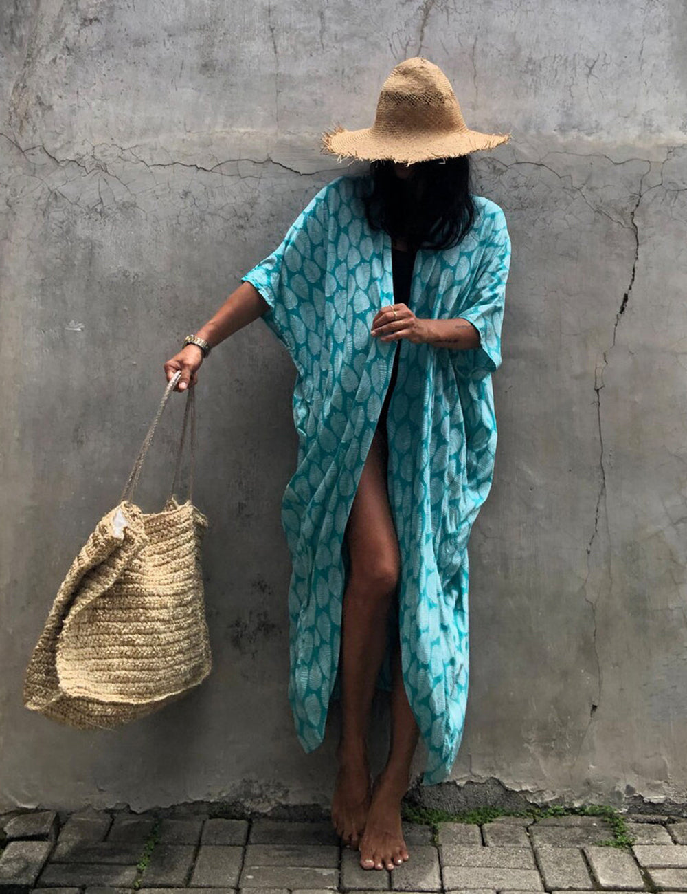 Women's green boho print kimono cover-up - worn on model