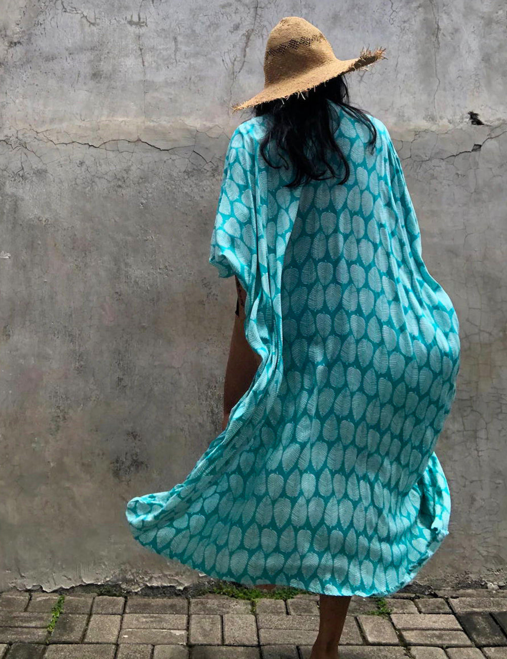 Women's green boho print kimono cover-up - full length