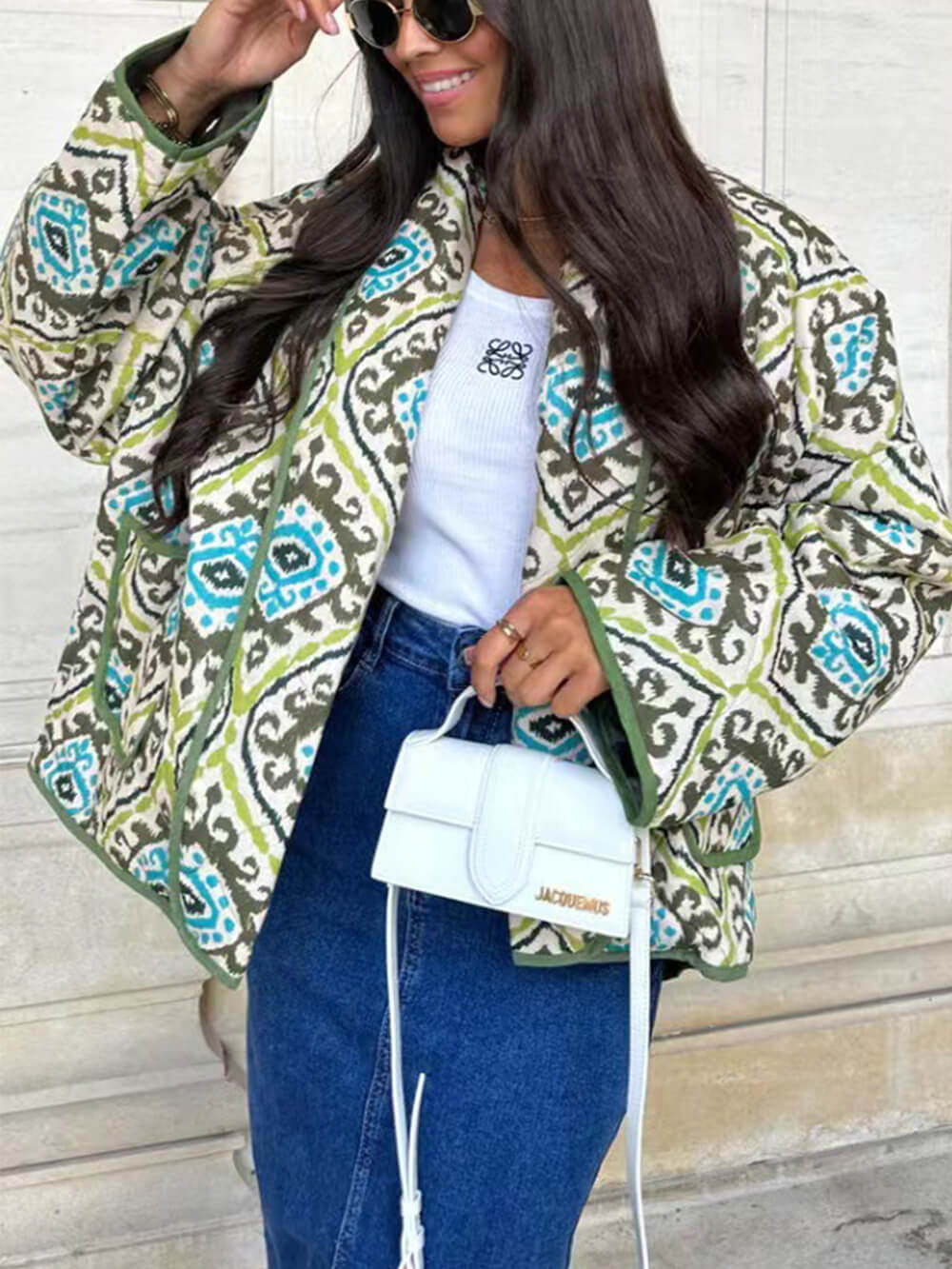 Women's Green Boho Print Stand Collar Coat