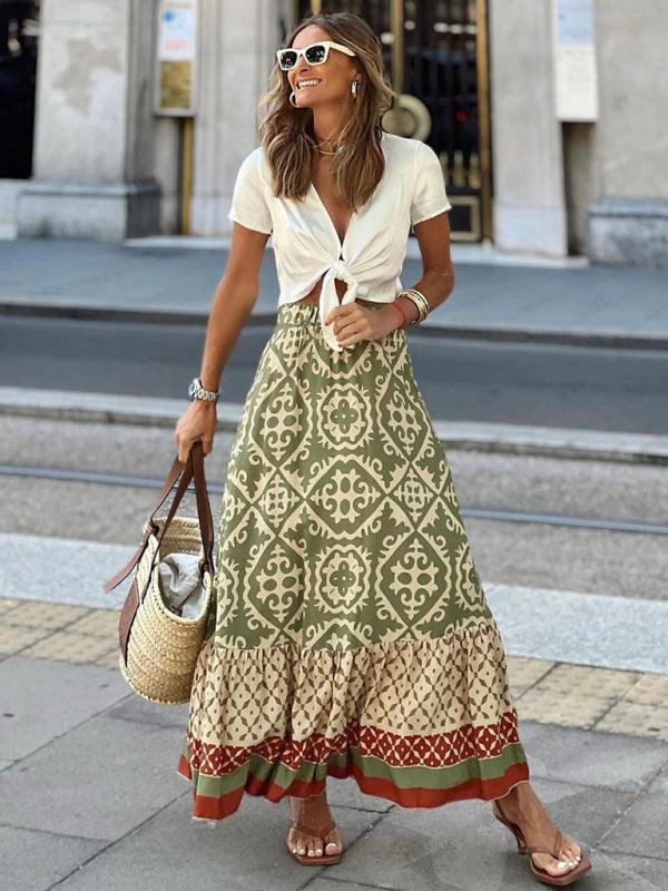Women's Green Boho Print High-Waist Maxi Skirt — detail