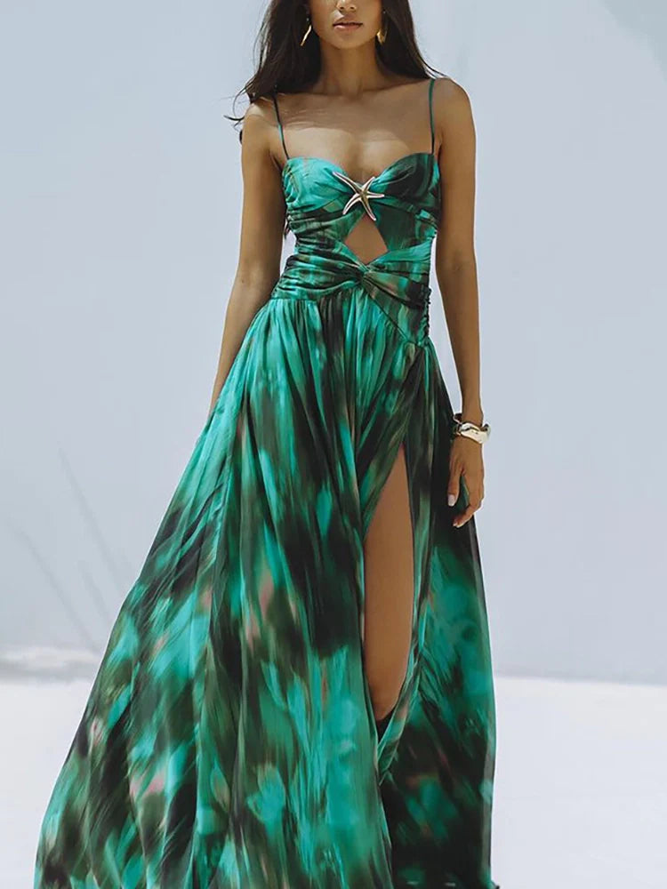 Women's green watercolour-print cutout swimsuit and skirt set