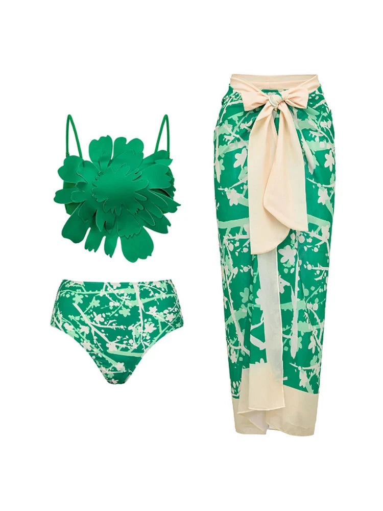 Women's green floral appliqué bikini set — alternate angle