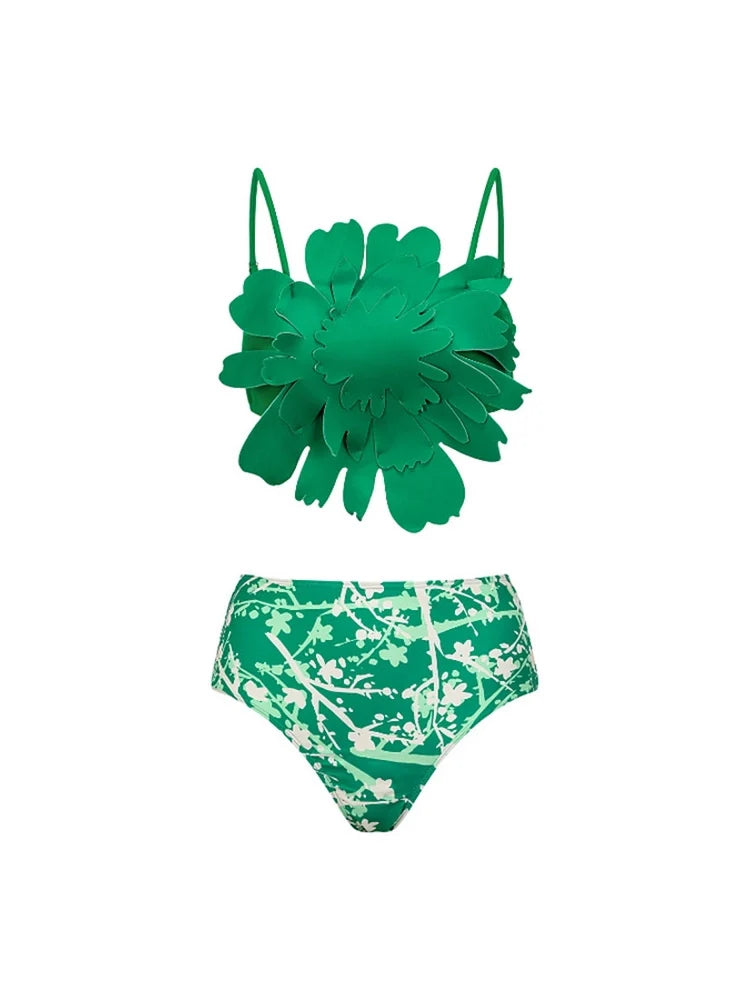 Women's green floral appliqué bikini set — detail view