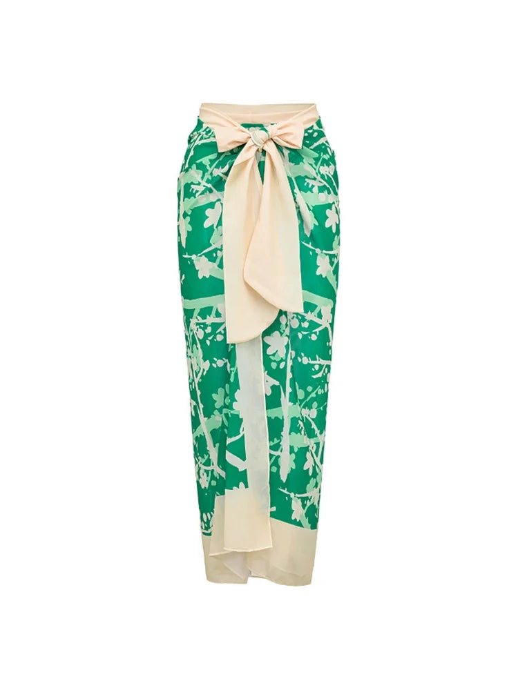 Women's green floral appliqué bikini set — full length