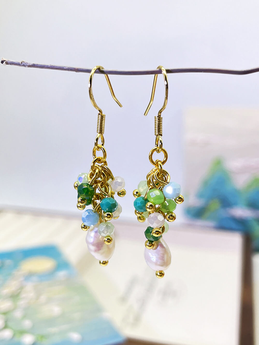 Women's green grape cluster tassel earrings — alternate angle