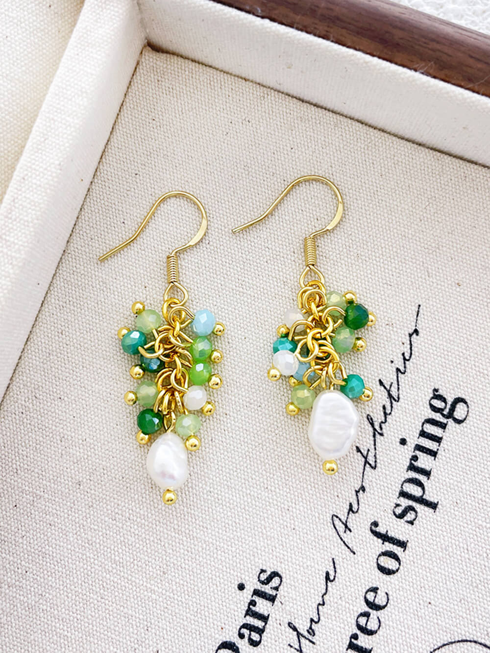 Women's green grape cluster tassel earrings — full length